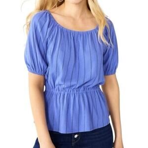 NEW NINE WEST Short Sleeve Elastic Waist Blouse Blue Black Size Medium Peplum